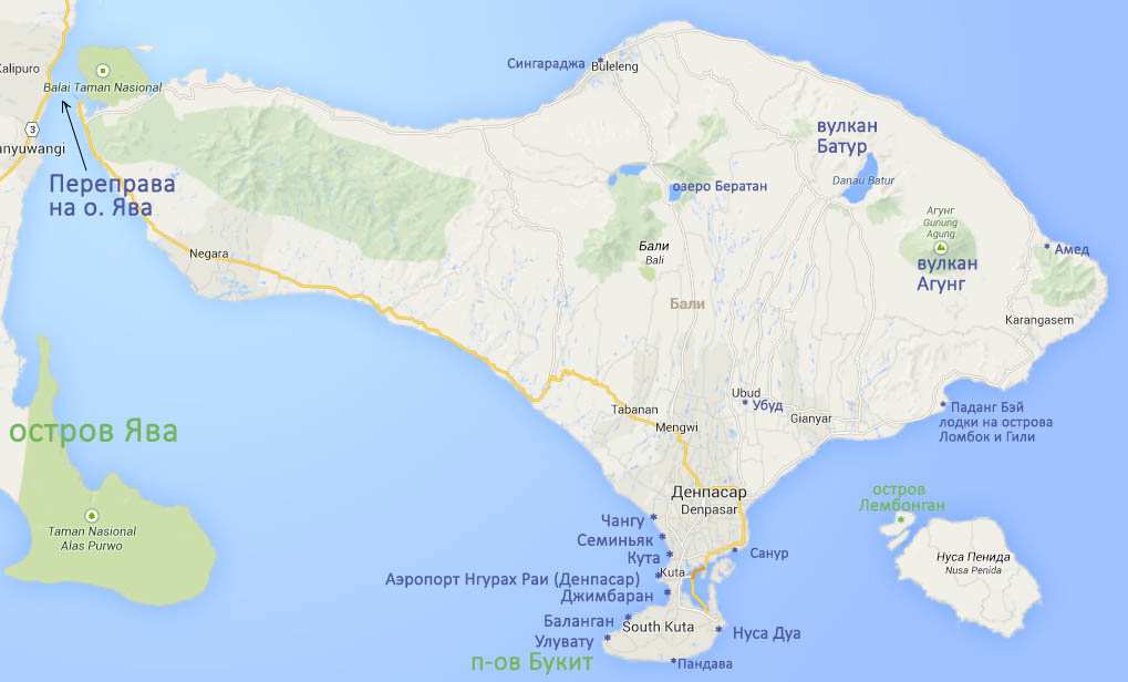 остров Бали карта краткая