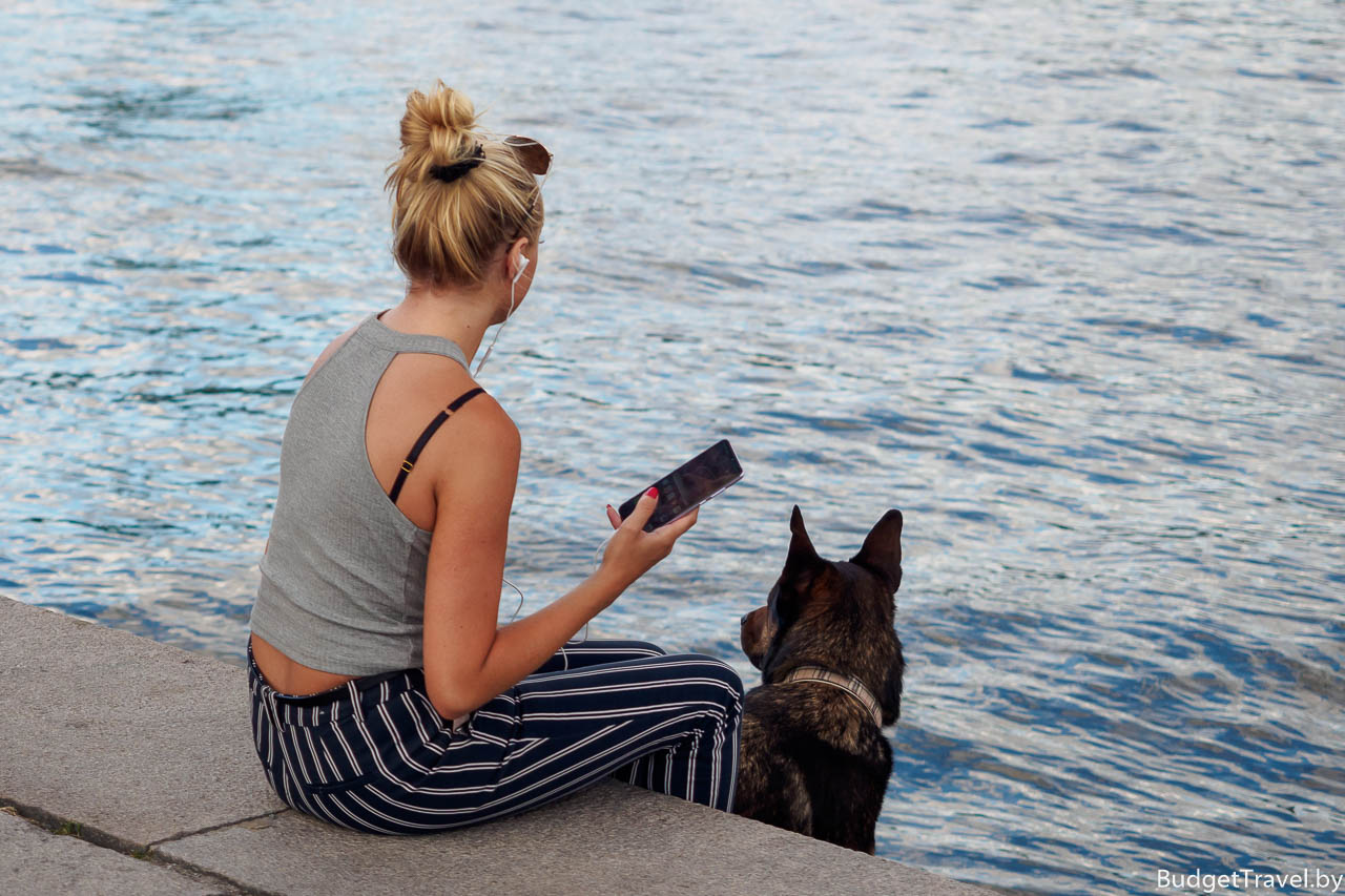 Девушка с собакой на набережной Стокгольма