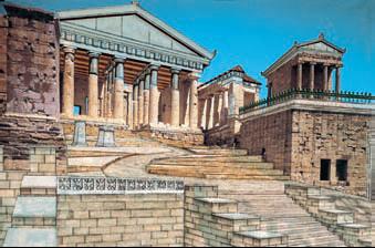 Пропилеи (архитектор Мнесикл) и храм Ники Аптерос (архитектор Калликрат; 442—20 до н. э.) на афинском Акрополе. Реконструкция