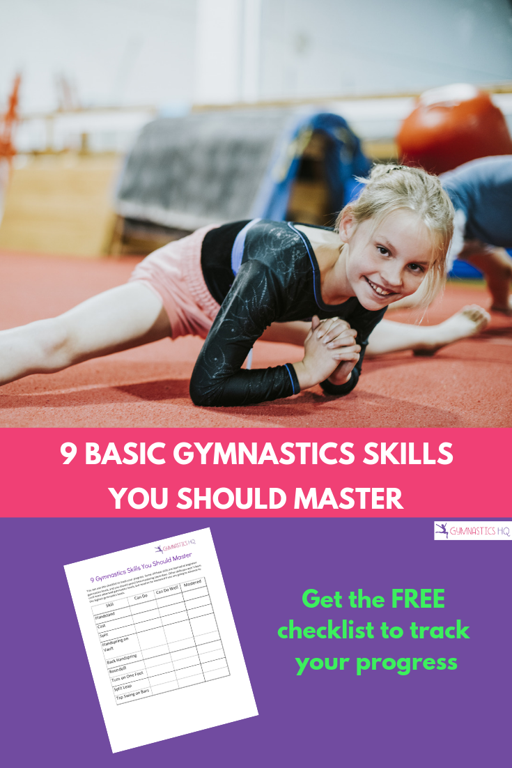 Want to know the 9 basic gymnastics skills you should learn? Check out this post along with a free chart to track your progress.