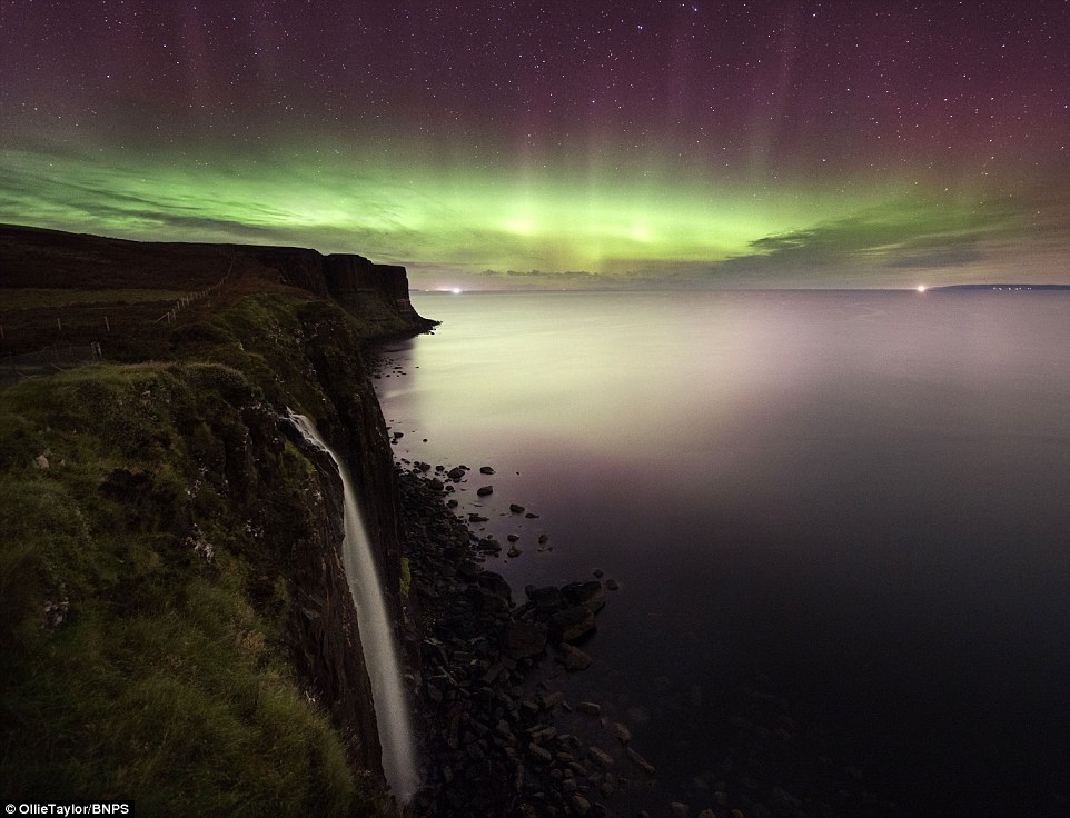 The sky above Scotland was a plethora of colours as residents enjoyed another Northern Lights display. Photographer Ollie Taylor took stunning pictures of the phenomenon over the Mealt waterfall on Skye during an evening walk (pictured)