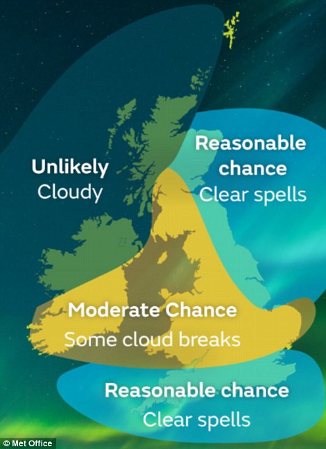 To see the Northern Lights, it is important to have clear, dark skies overhead. The chances of clear skies over the UK tonight are shown