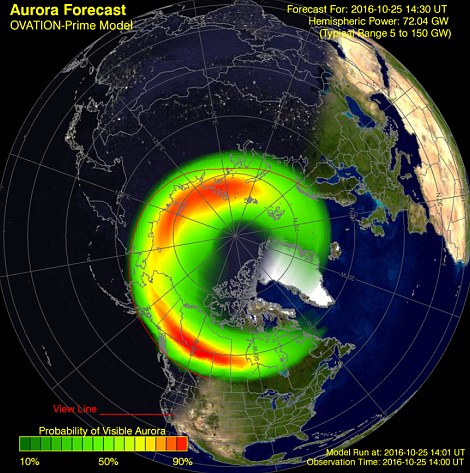 According to Auroroa Watch, Aurora may be visible in the UK by eye from Scotland and may be visible by camera from Scotland, northern England and Northern Ireland. In the US, the lights are predicting to be visible in northern areas including South Dakota, Iowa, Montana and Washington, according to the NOAA (predictions for tonight, pictured)