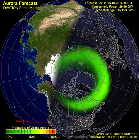 According to Auroroa Watch, Aurora may be visible in the UK by eye from Scotland and may be visible by camera from Scotland, northern England and Northern Ireland. In the US, the lights are predicting to be visible in northern areas including South Dakota, Iowa, Montana and Washington, according to the NOAA (predictions for tonight, pictured)