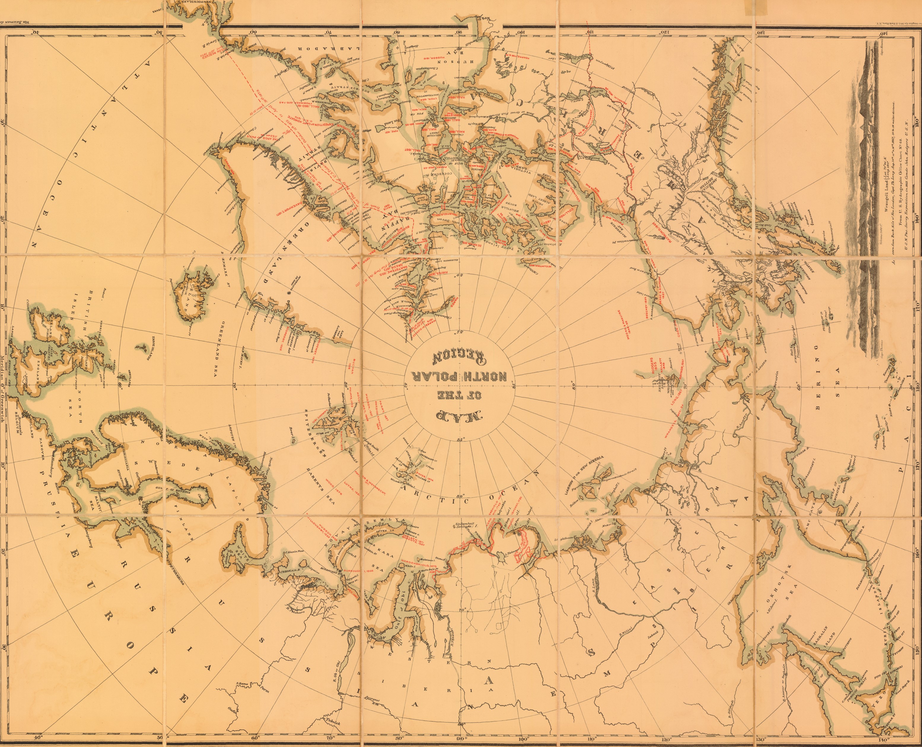 1879 Карта Арктики до 1879 и зарисовка острова Врангеля капитана Т. Лонга август 1867.jpg