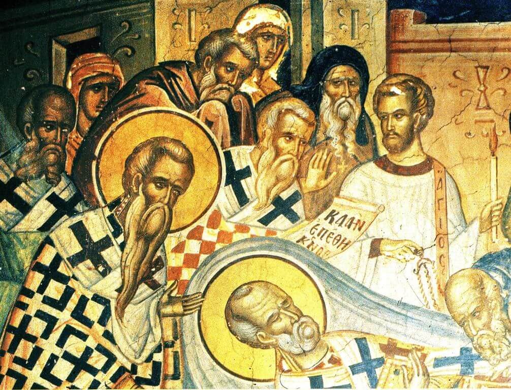 Фрагмент фрески Успения святого Николая из притвора соборного храма монастыря, Феофана Критского, 1527 г. Фрагмент фрески Успения святого Николая из притвора соборного храма монастыря