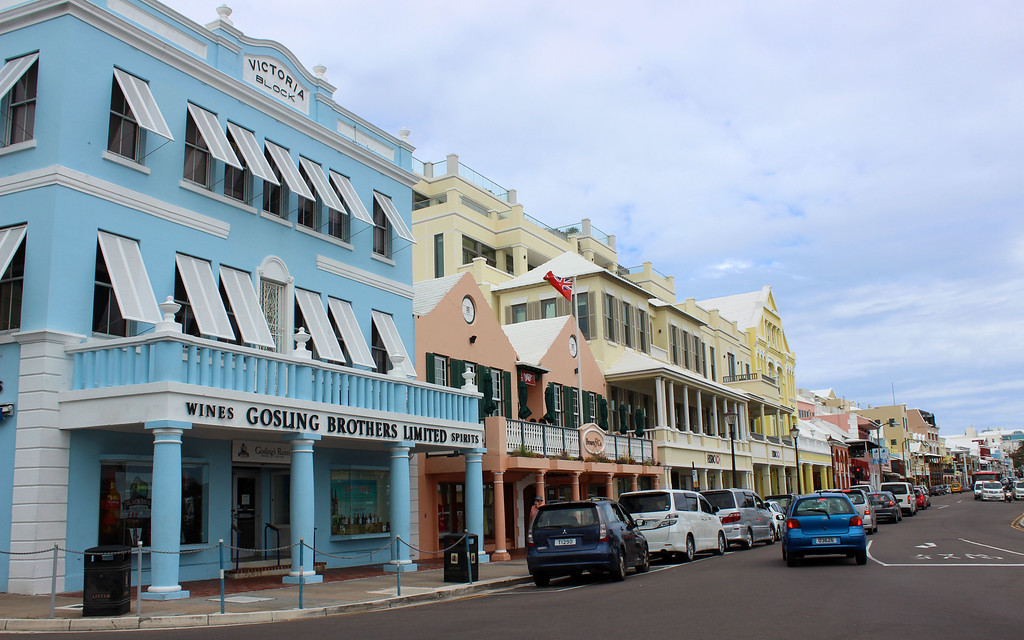 Front Street in Hamilton, Bermuda. Colorful houses line the streets.