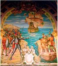 Мозаика «Завоевание Перу Франсиско Писарро» в кафедральном соборе Лимы.