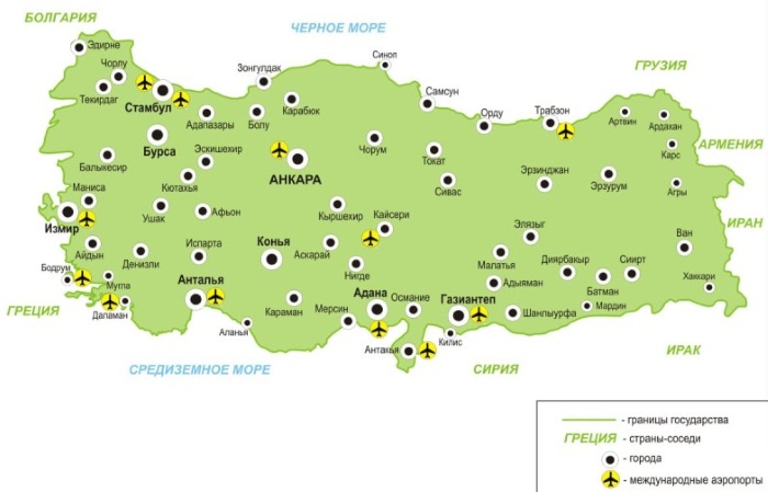 Карта Турции на русском языке географическая крупная. Города, курорты, отели, граница с государствами