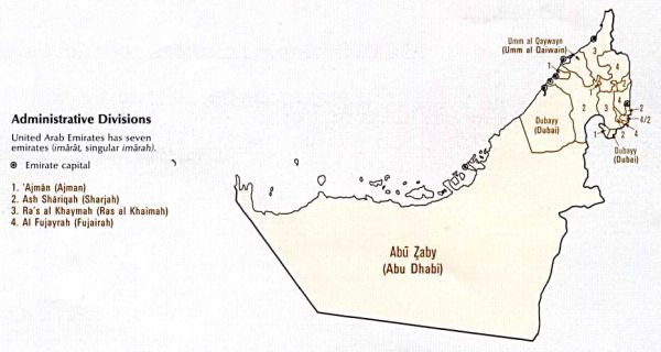 Map of UAE showing administrative regions of each emirate